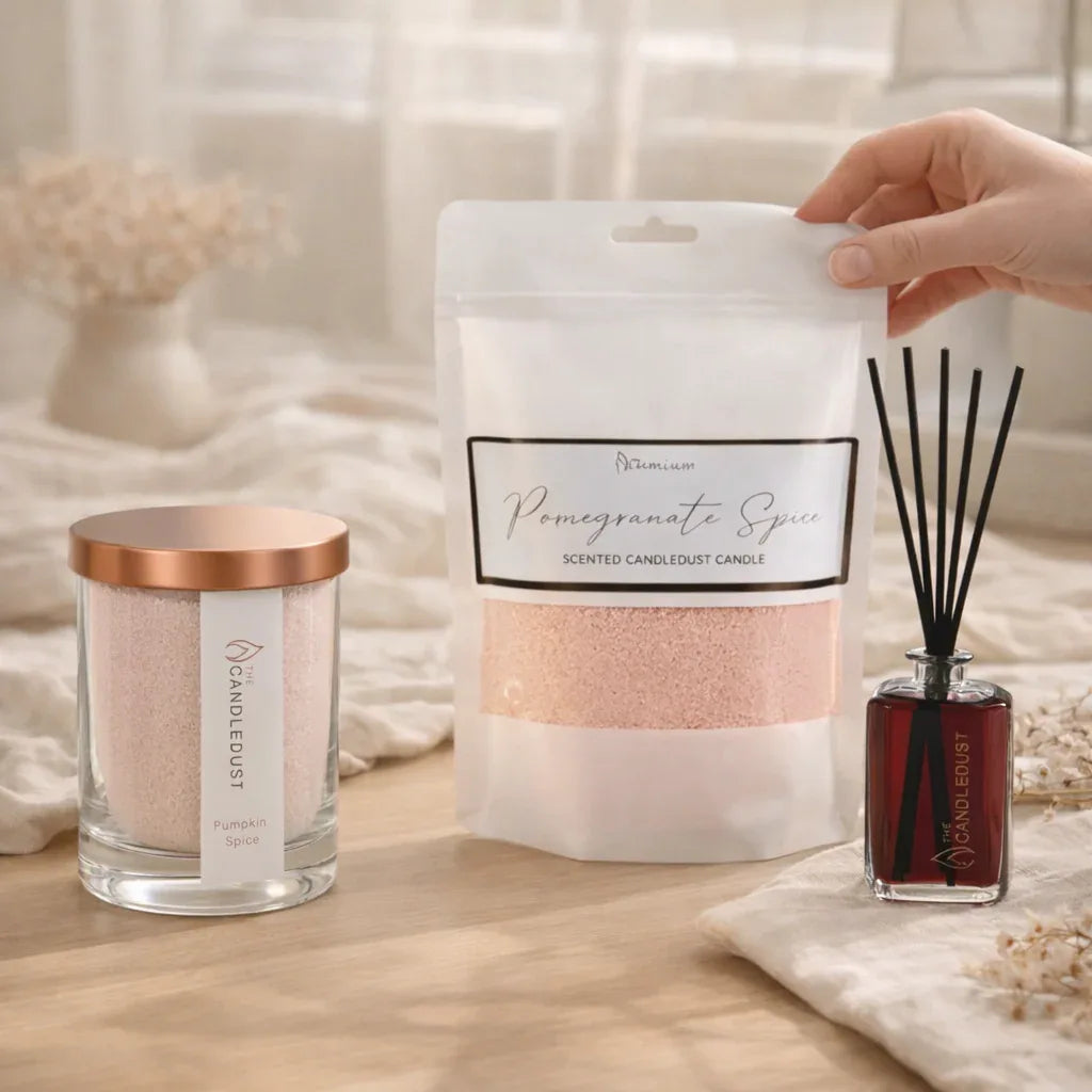 Bougie parfumée Pumpkin Spice avec recharge en sable parfumé et bâtonnets parfumés Rosso présentés en situation, idée cadeau élégante pour créer une ambiance chaleureuse et raffinée à la maison – KoolKado